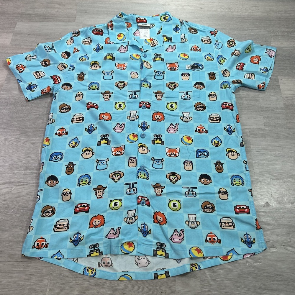 Disney Pixar Place Hotel Shirt Mens Medium Blue Graphic Short Sleeve Button Up